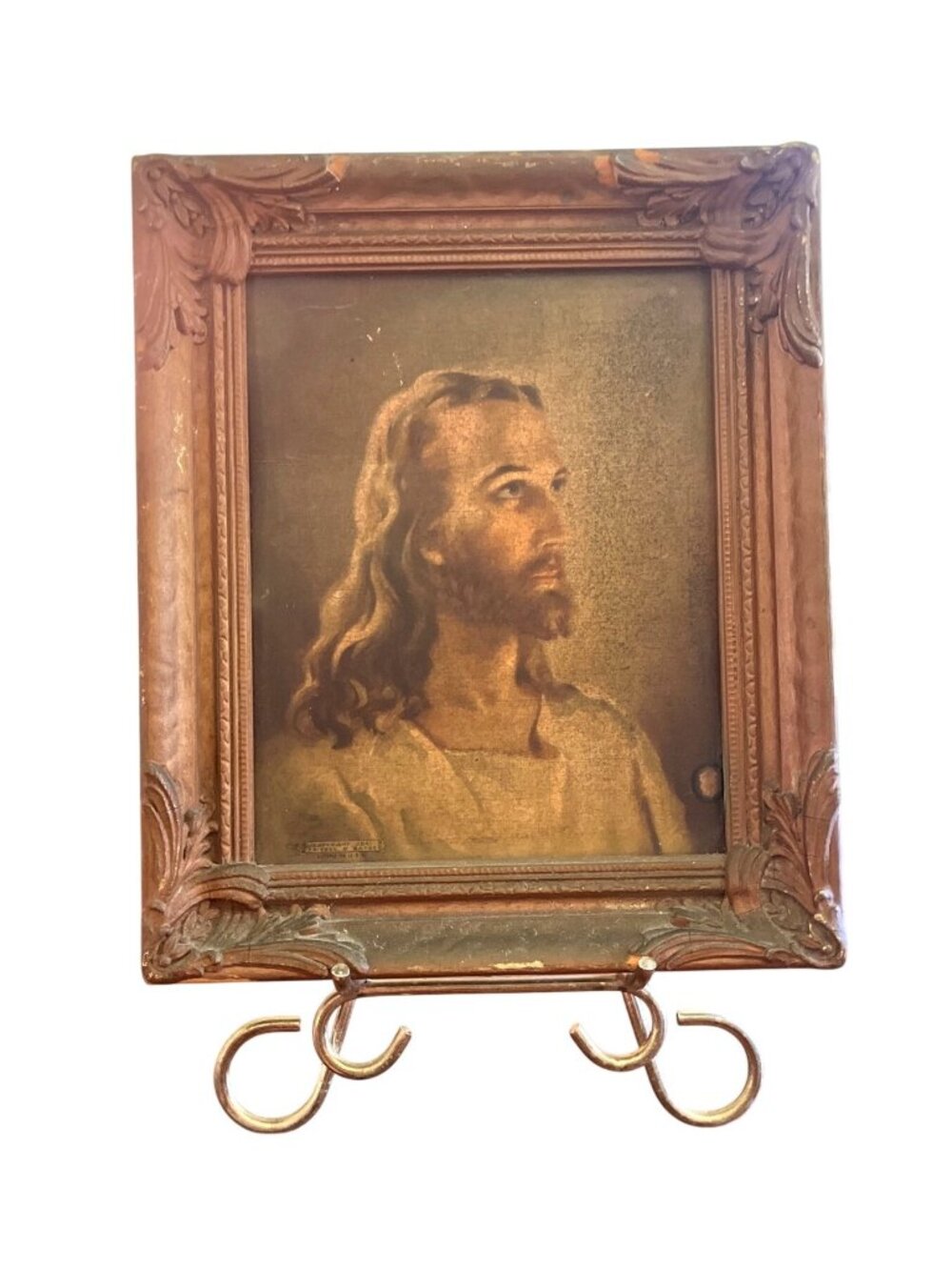 Head Of Christ 1941 Lithograph In Ornate Antique Frame By Kriebel & Bates